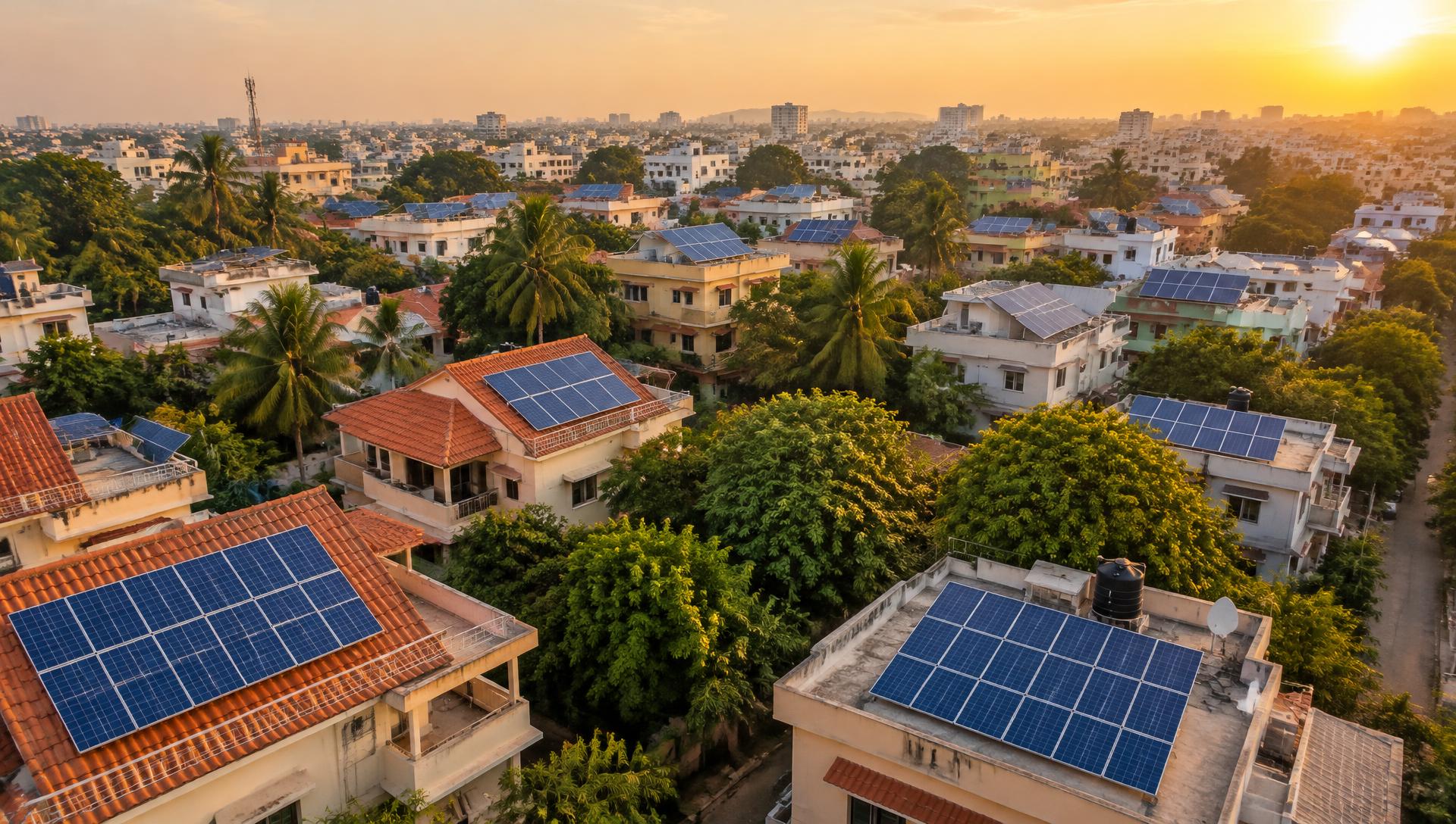 Indian homes with rooftop solar panels at sunset